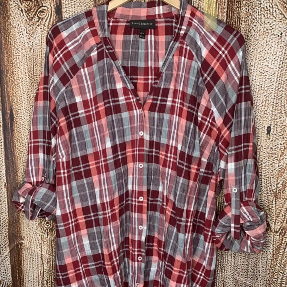 Lane Bryant Women Plus 22/24 Red Plaid Blouse Top